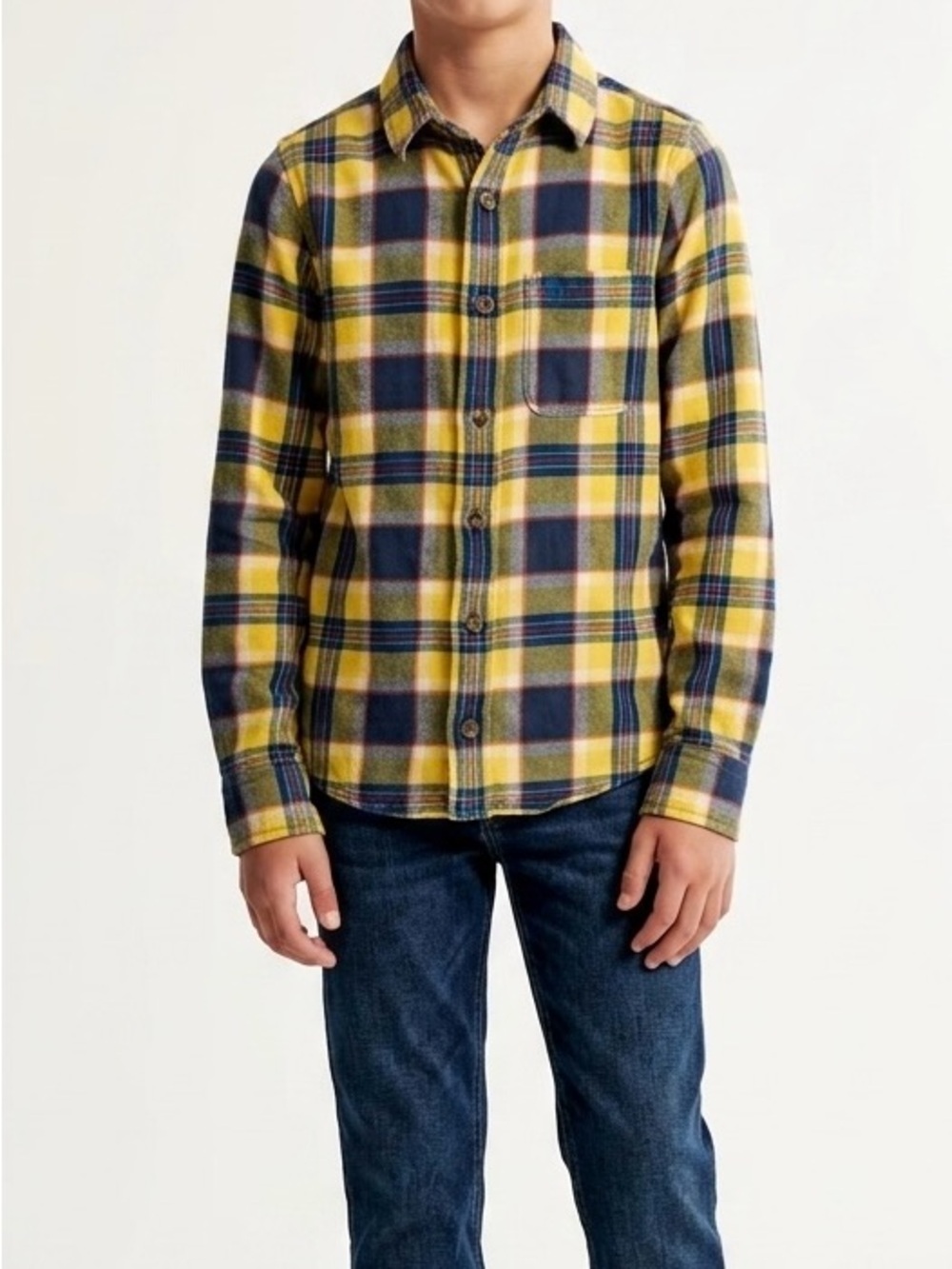 Abercrombie Kids Muscle Plaid Flannel Shirt XL Yellow Blue Modern Prep